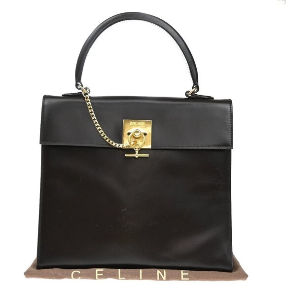 CELINE Logo Top Handle Hand Bag Leather Brown Gold Italy 86EF691 - Picture 1 of 16
